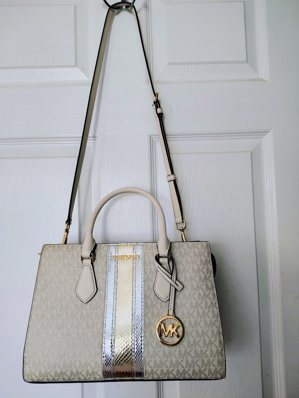 Michael Kors Cream and Metallic Stripe Satchel